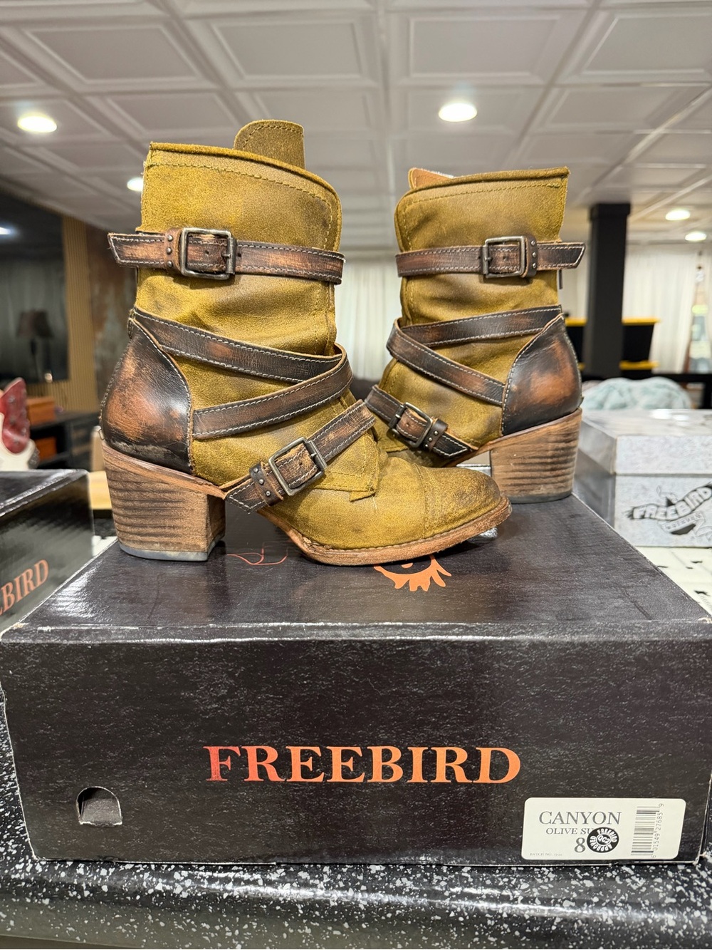 Freebird CANYON Olive Suede Strapped Buckle Ankle Boots